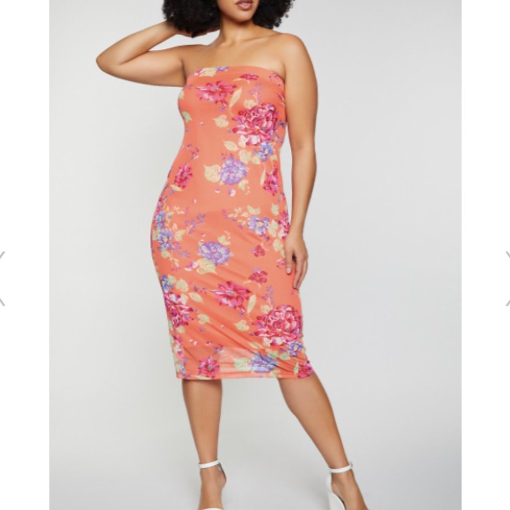 Peach Floral Mesh Tube Dress